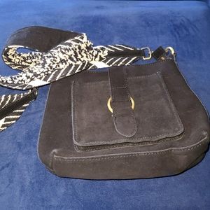 Black suede small hand bag.